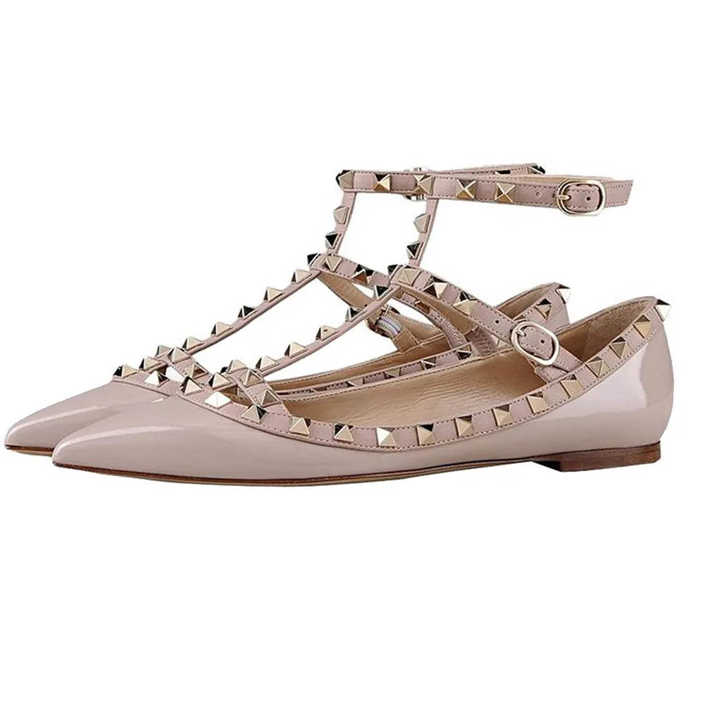 Women's Flats Rivets Rockstud Daily Pointed Toe Ballet Apricot Patent Shoes-vocosishoes