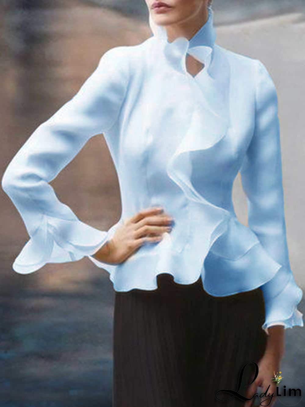 Elegant Plain Mock Neck Long Sleeve Peplum Blouse