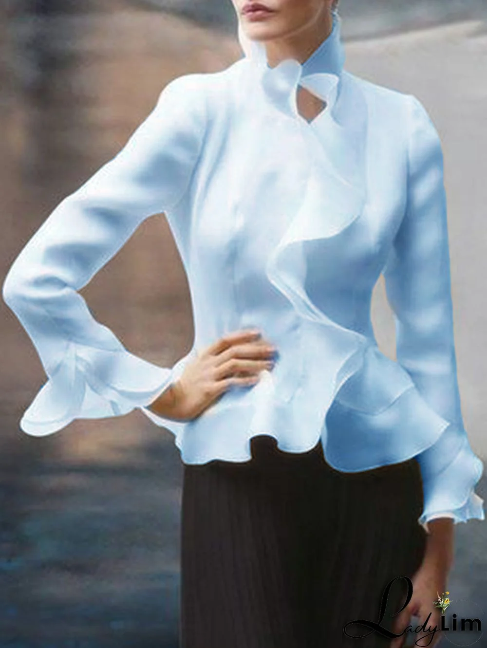 Elegant Plain Mock Neck Long Sleeve Peplum Blouse