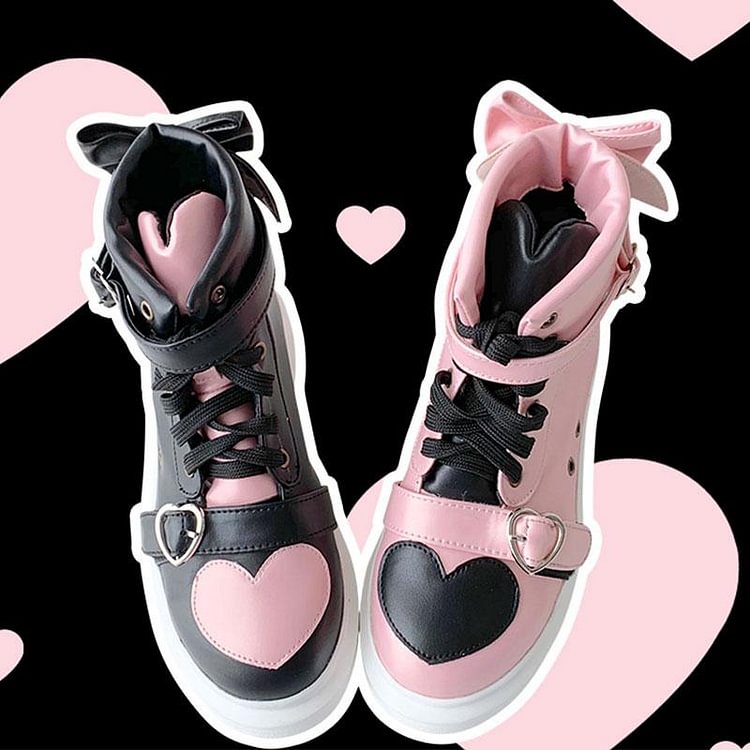 Bow Love Heart Pink Shoes Strap Buckle High Top Sneakers - Modakawa
