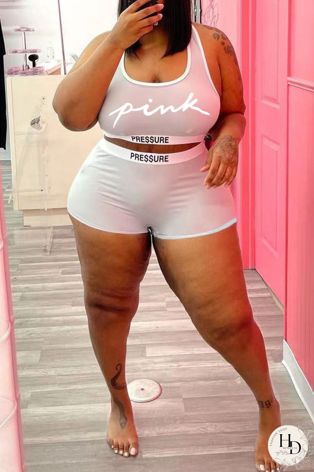 White Casual Letter Print Basic U Neck Plus Size Two Pieces