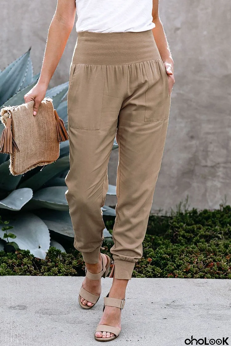 Women's Khaki Wide Waistband Pocketed Joggers