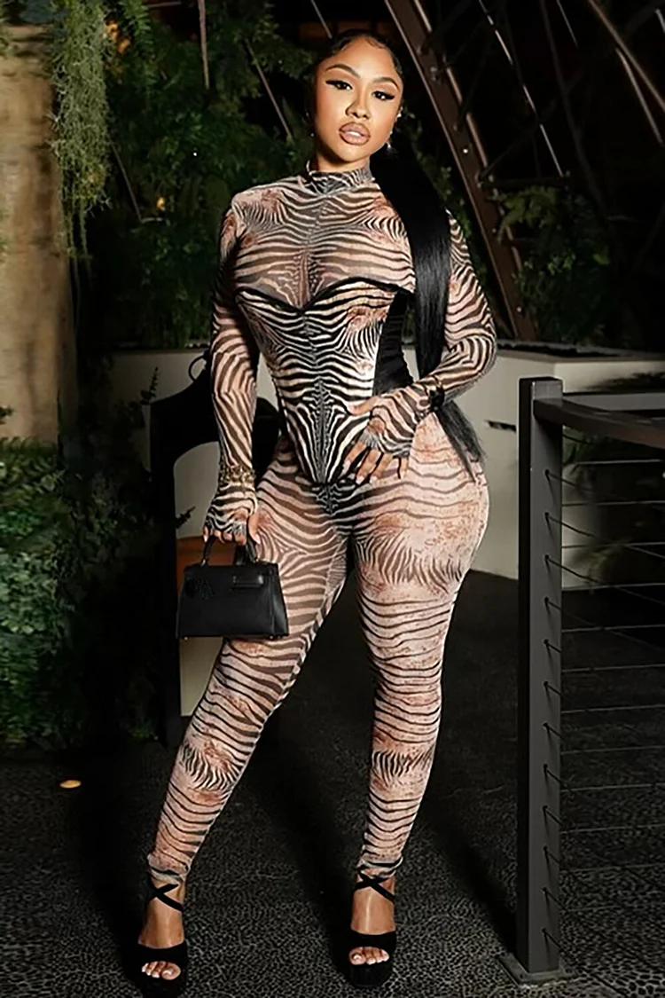 Zebra Print Stand Collar Long Sleeve Slim Fit Jumpsuit-Khaki