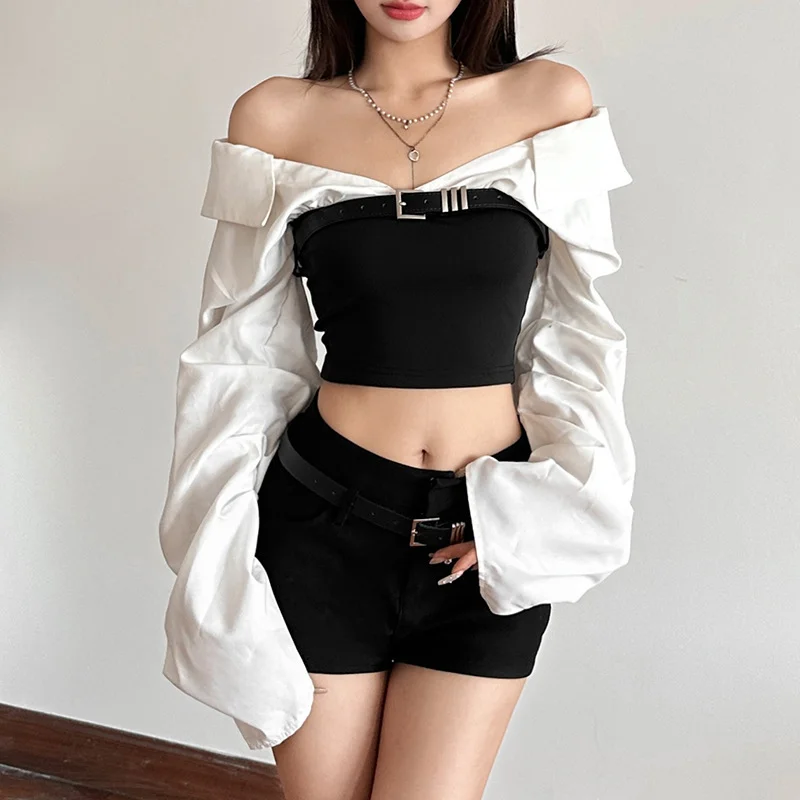 Churchf Autumn 2024 New Women's Clothing Sexy Body-Scuffed Shoulder-Collision To Receive Waist-Clothed Umbilly Tops