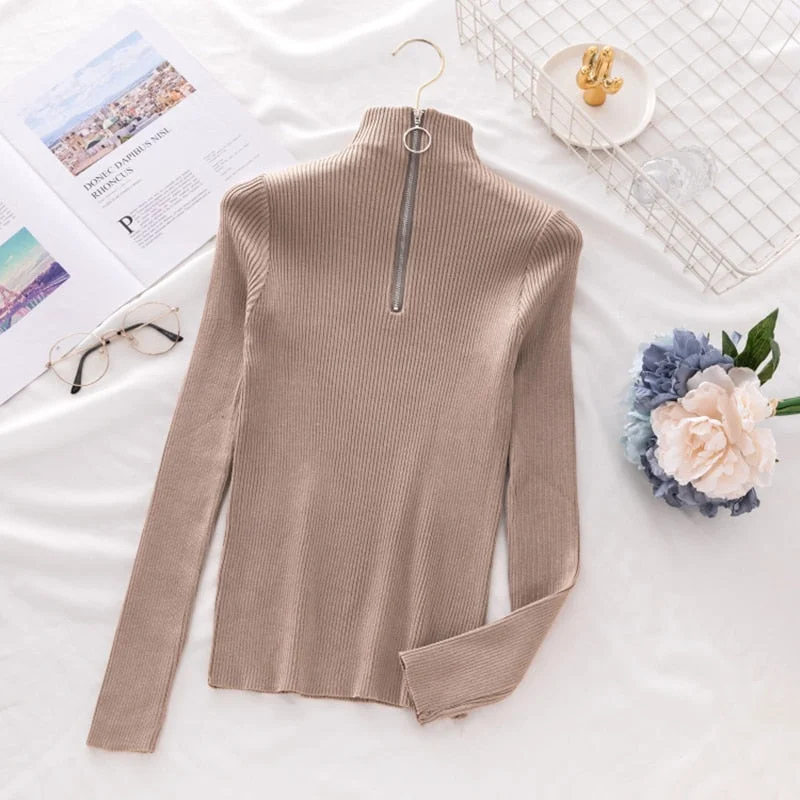 Women Office Lady Front Zipper Slim Knitted Sweater Long Sleeve Stand Collar Solid Casual Pullover 2021 Autumn Winter New Tops