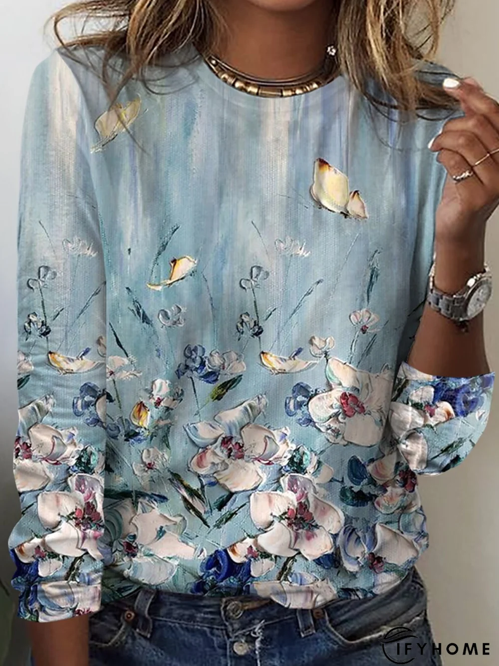 Floral Crew Neck Casual Jersey T-Shirt | IFYHOME