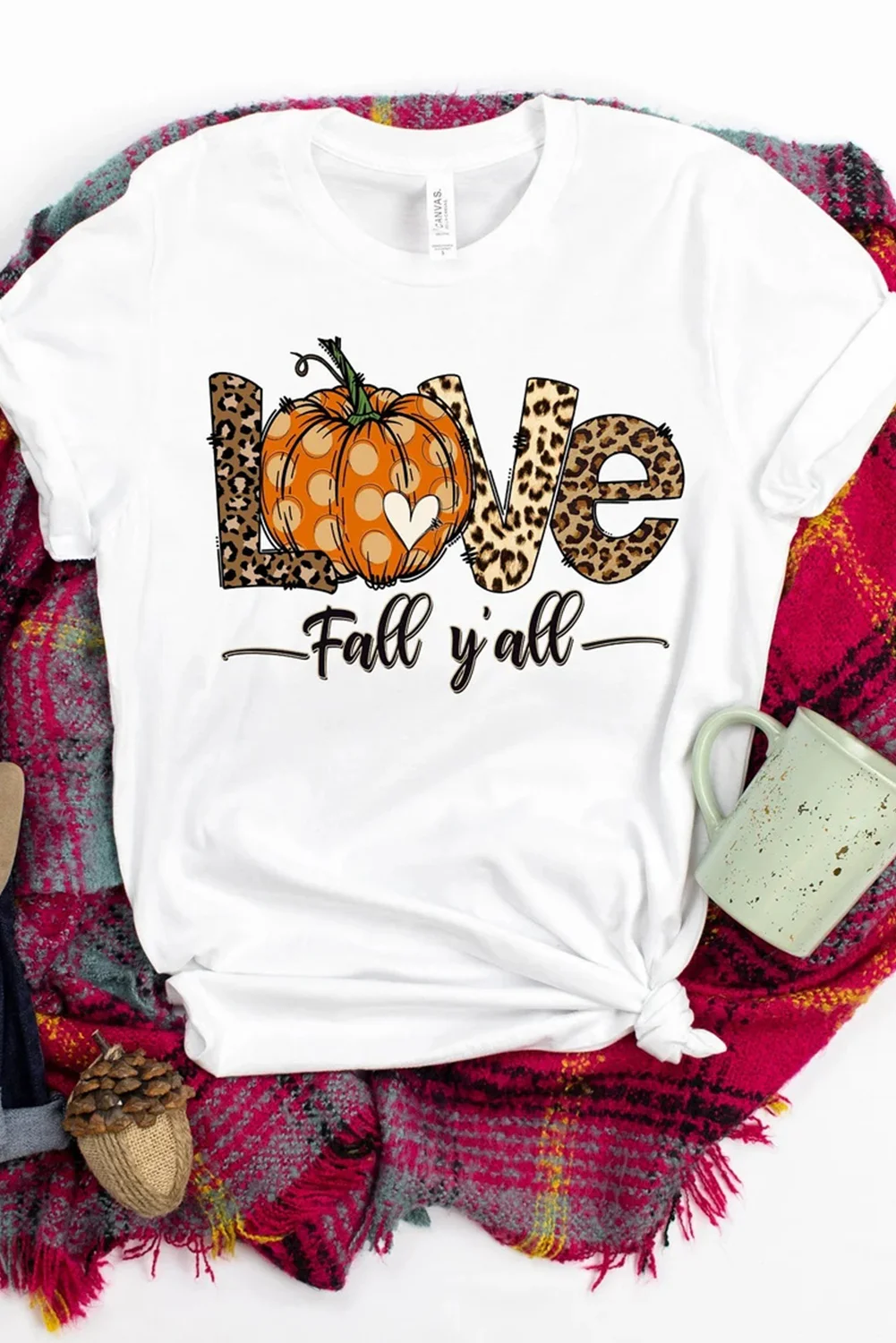 White LOVE Leopard Pumpkin Graphic Print Crew Neck T Shirt | IFYHOME