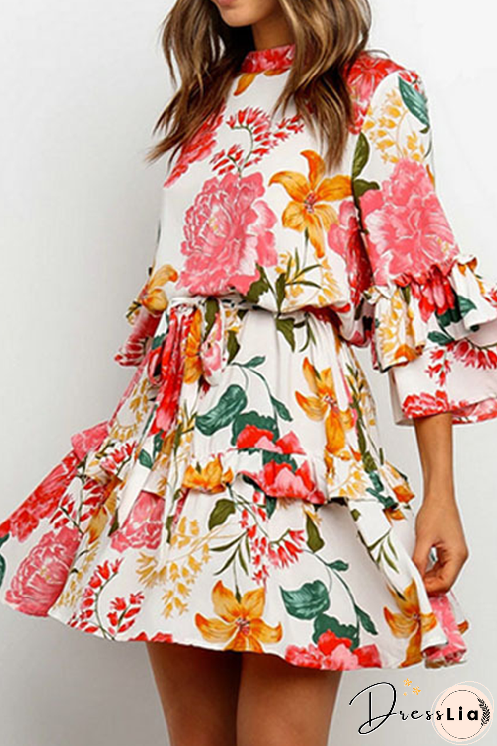 Elegant Floral Flounce Strap Design O Neck Waist Skirt Dresses