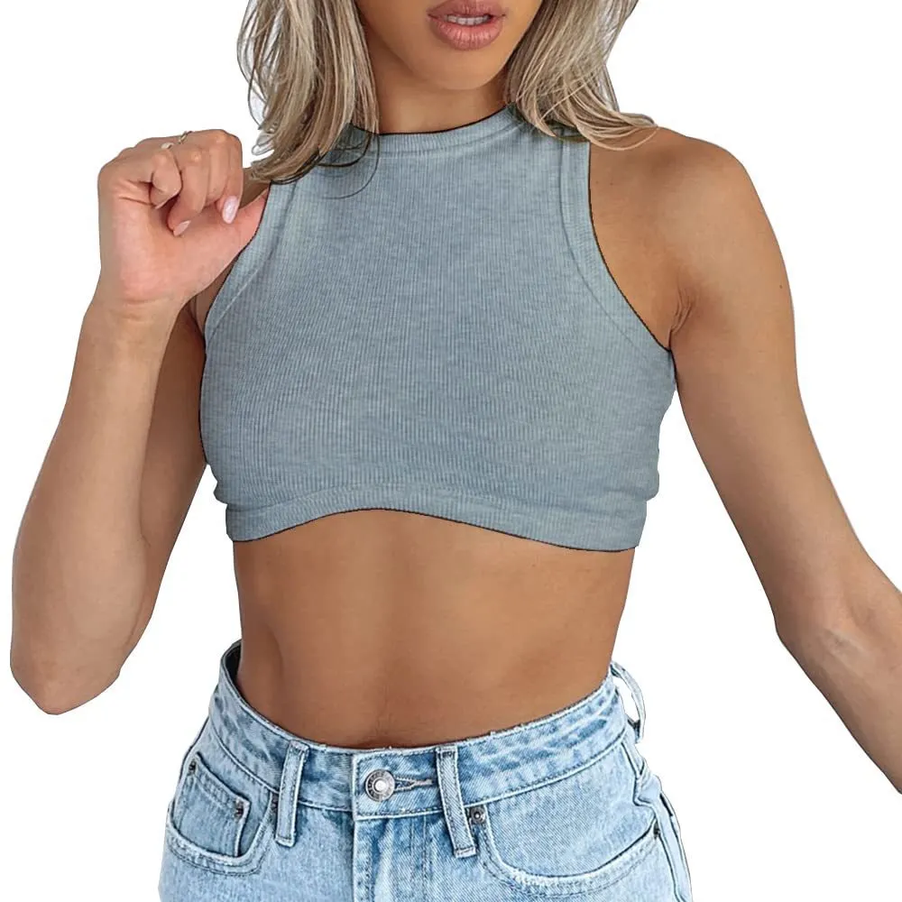 Uveng Uveng Women's New Women's Sexy Sleeveless Round Neck Rib Knit Vest Crop Top