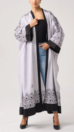 Cotton Linen Peacock Feather Cardigan Abaya-inspireuse