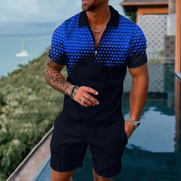 Broswear Blue Gradient Ripple Print Polo Shirt And Shorts Co-Ord