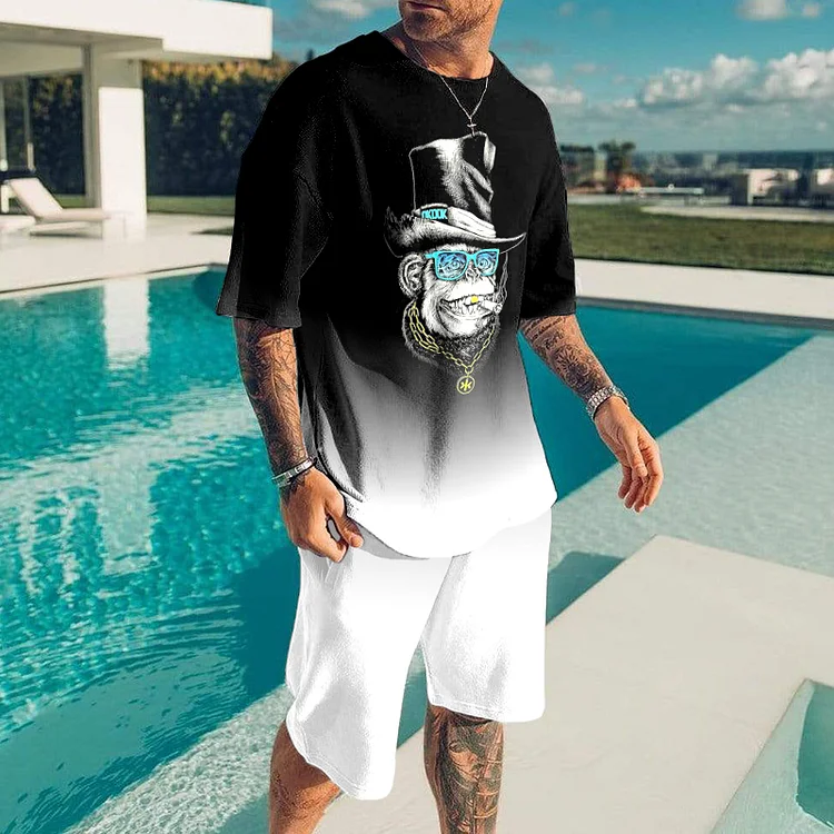 Black And White Gradient T-Shirt And Shorts Two-Piece Set