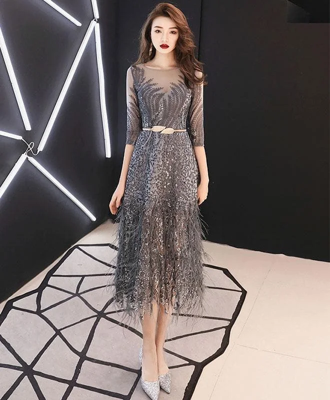 Unique Gray Lace Short Prom Dress Gray Tulle Lace Evening Dress