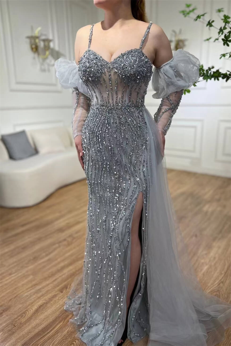 Bellasprom Grey Spaghetti-Straps Evening Gown Mermaid With Beadings Split Long Sleeves Bellasprom