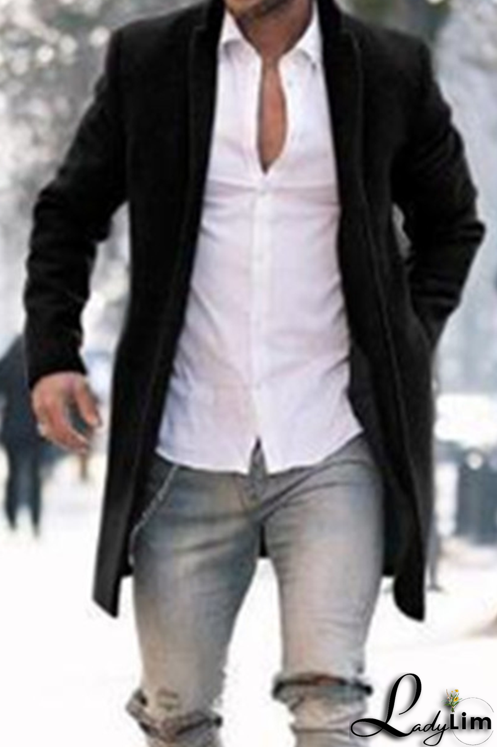 Black Fashion Solid Pocket Buckle Turndown Collar Outerwear