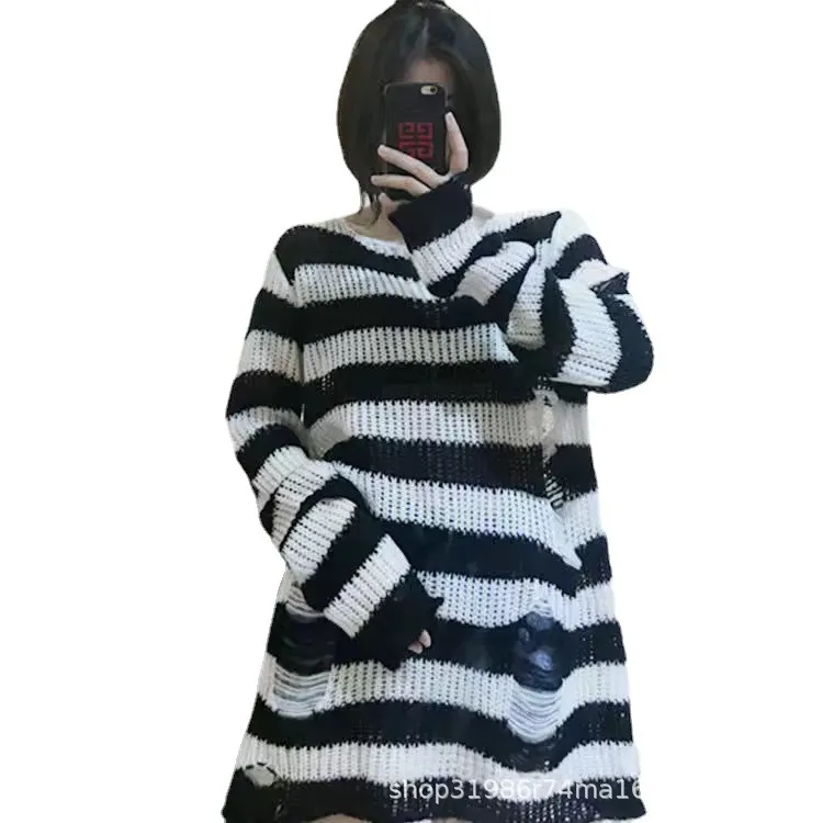 Churchf Churchf Hole Hollow Out In The Long Sweater Female Stripe Loose Color Dark Versatile Knit Niche Punk