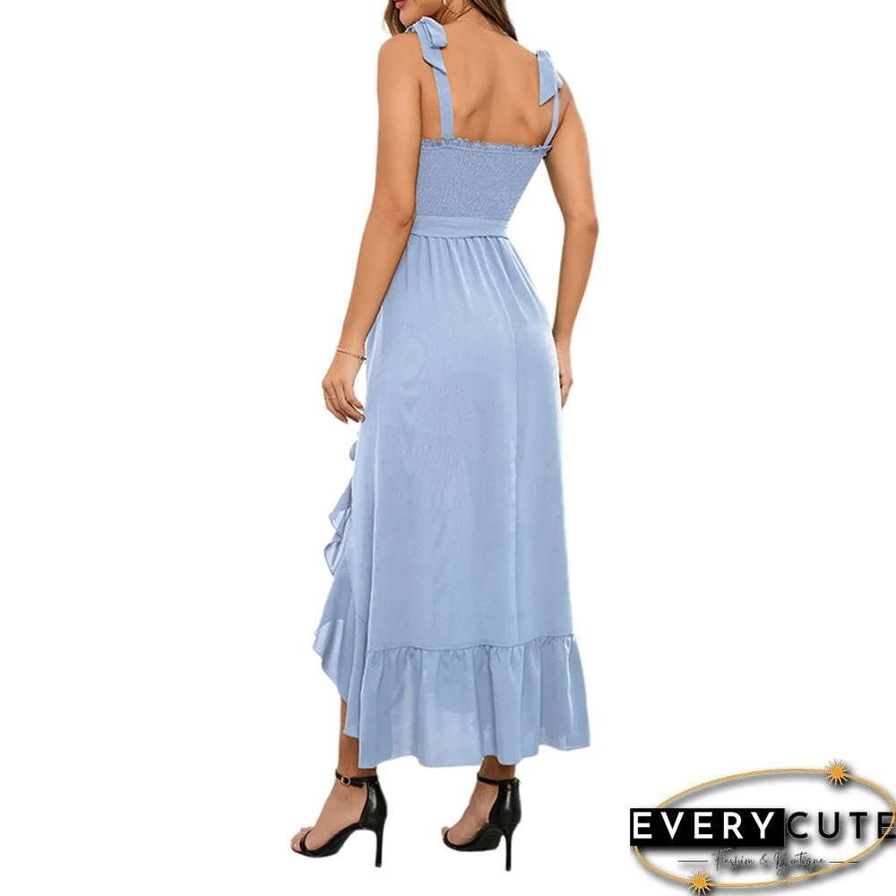 Light Blue Bow Knot Straps Irregular Slit Maxi Dress