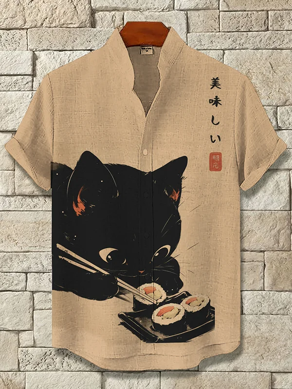 Men's Black Cat Eating Sushi Japanese Art Print Casual Shirt
