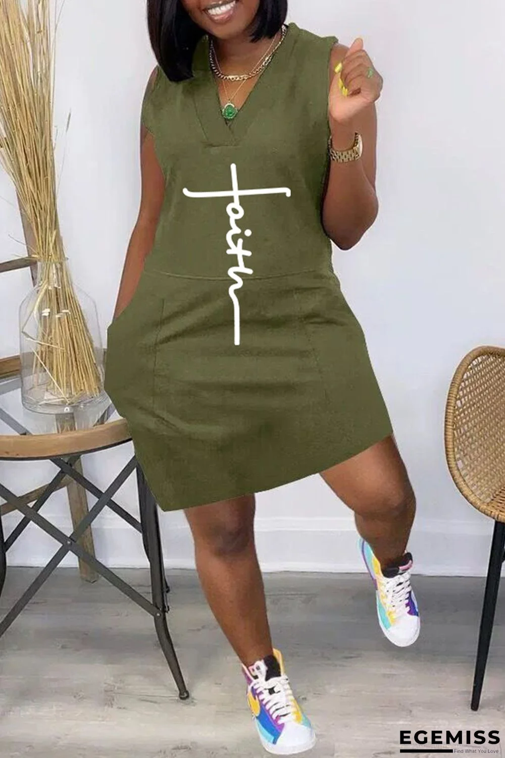 Army Green Fashion Casual Print Pocket V Neck Vest Dress | EGEMISS