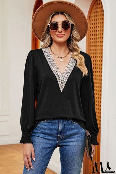 MidiSono - Lace Detail V-Neck Lantern Sleeve T-Shirt