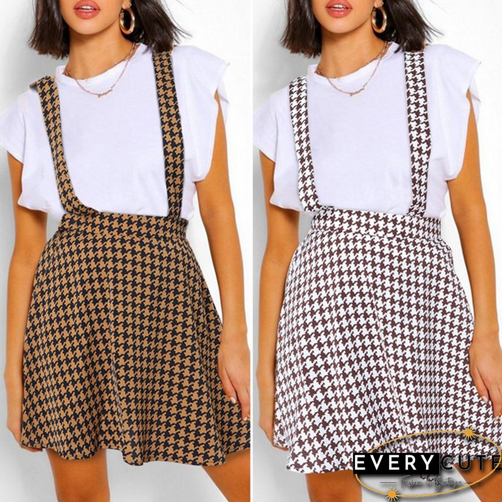 Summer Women Plaid Loose Swing Strap Skirt Dress Casual Suspender Skirt Plus Size