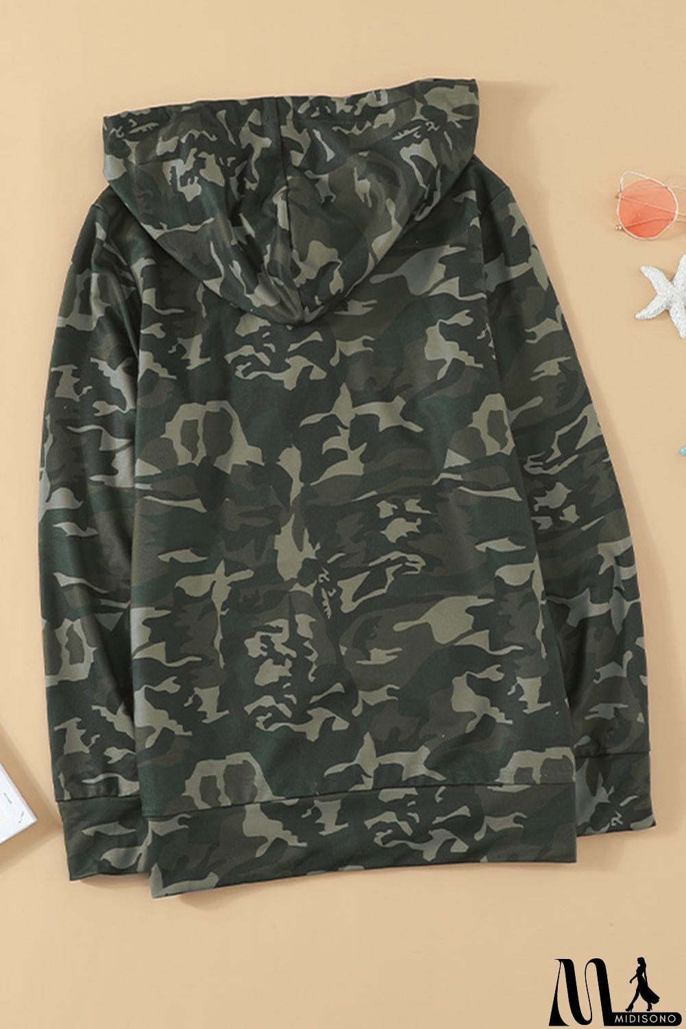MidiSono - Green Camo Print Kangaroo Pocket Hoodie