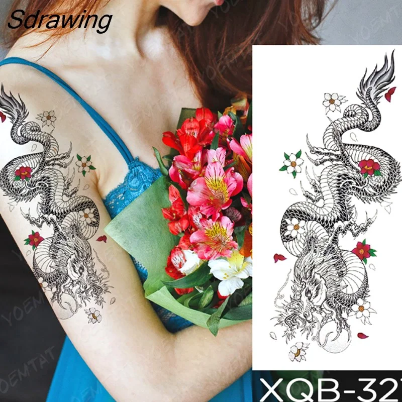 Sdrawing Temporary Tattoo Sticker Rose Snake Flower Tattoos Lace Tiger Dragon Body Art Arm Fake Sleeve Tatoo Women