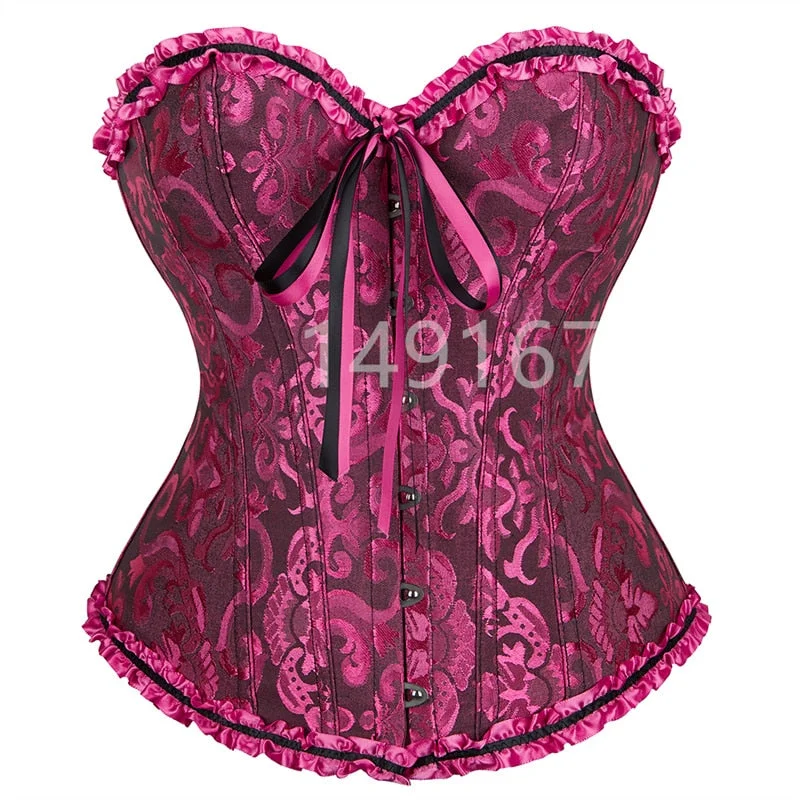 Sapubonv Corsets and Bustiers Shapewear Brocade Lingerie Overbust Corset Top Sexy Plus Size Women Vintage Red Black Green Pink