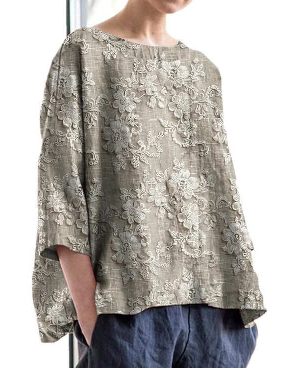 Vintage Floral Lace Embroidery Print Round Neck Linen Loose Top