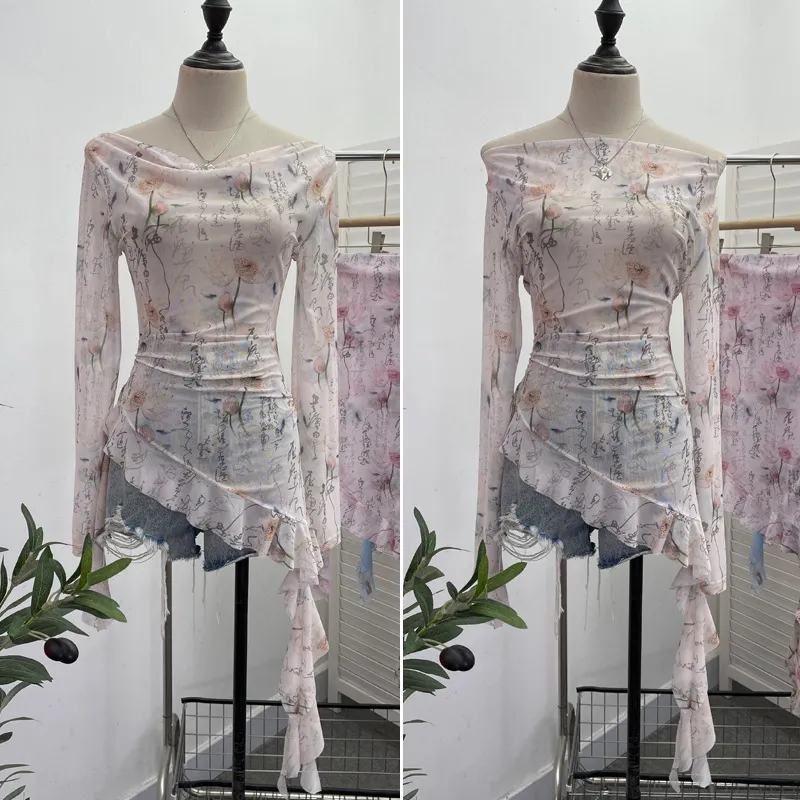 Brownm Purely Want A Word Shoulder Ink Print Tie-Dye Mesh Long-Sleeved Shirt Irregular Lotus Leaf Side Top 9936
