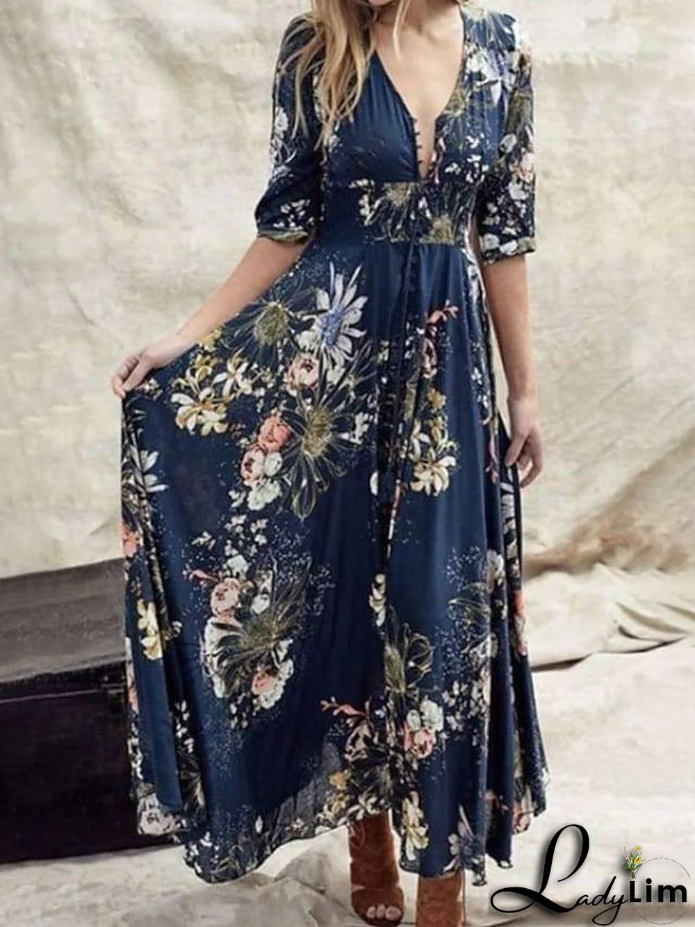 Women's Swing Dress Maxi Long Dress Blue Green Half Sleeve Floral Ruffle Print Summer V Neck Casual Boho Dress