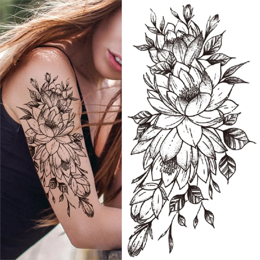 Geometry Rose Flower Temporary Tattoos For Women Girls Black Butterfly Bird Tattoo Sticker Fake Peony Geometric Body Art Tattos