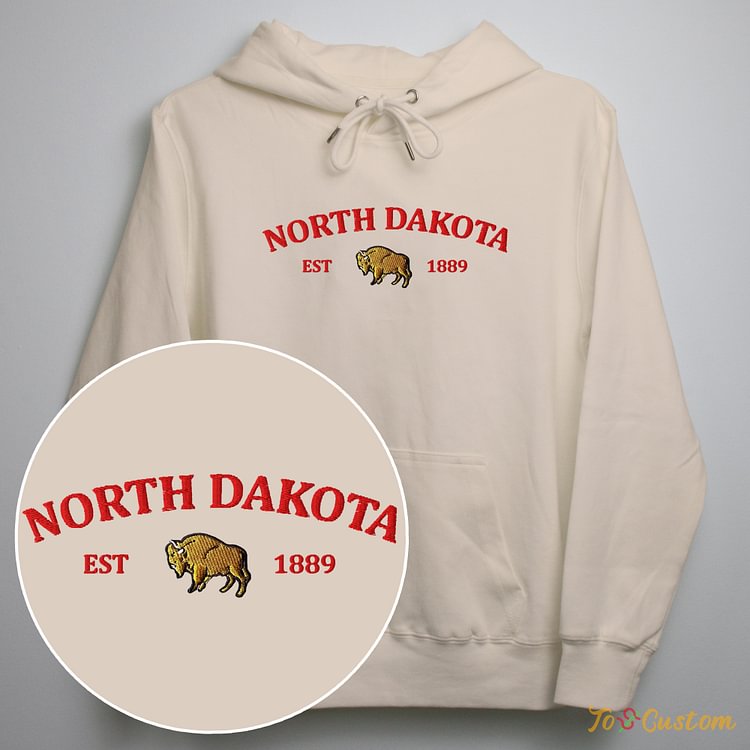 TOSCUSTOM™ North Dakota Embroidered Hoodie Classic Bison Vintage Sweatshirt