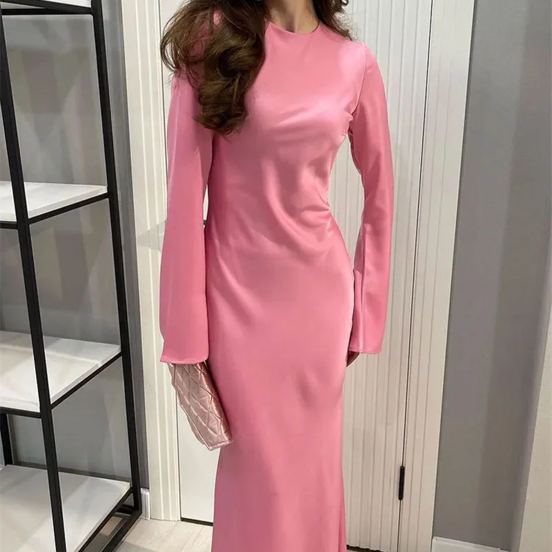 Uveng Uveng Women's New French Elegant Solid Color Round Collar Closed Waist Long Sleeve Temperament Winter Dress