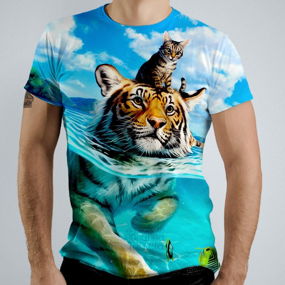 3D Graphic Short Sleeve Shirts Cat & Tiger