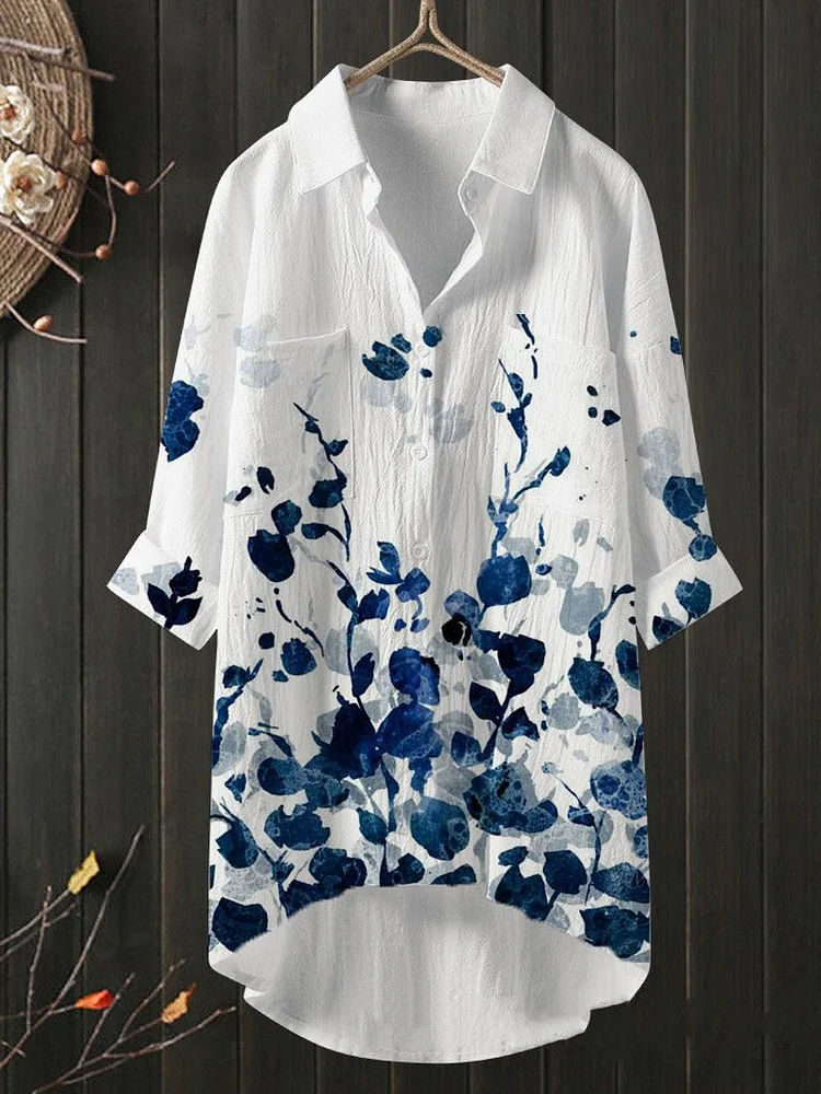 Vintage floral print cotton long-sleeved shirt top