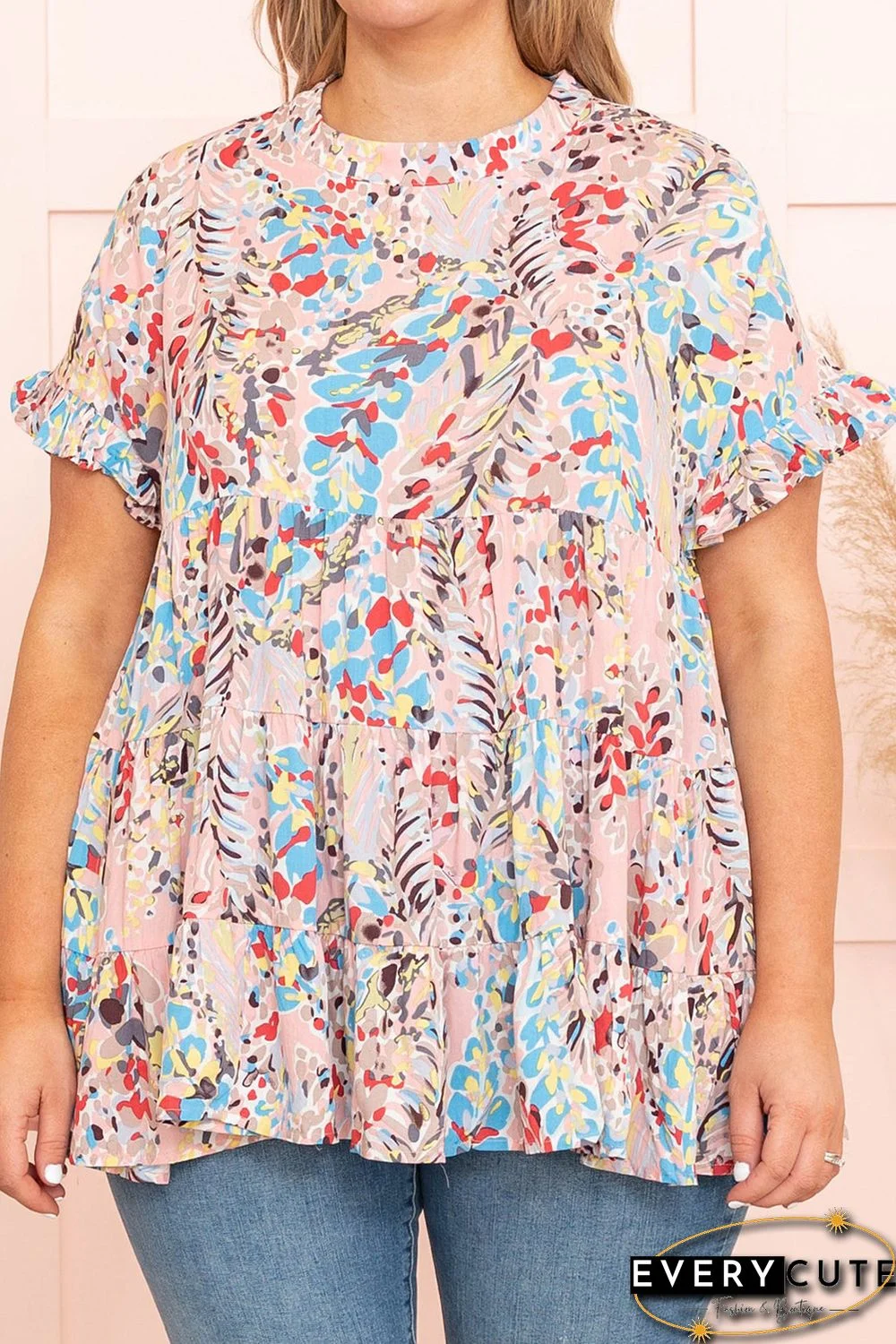 Pink Floral Print Tiered Ruffled Plus Size Blouse