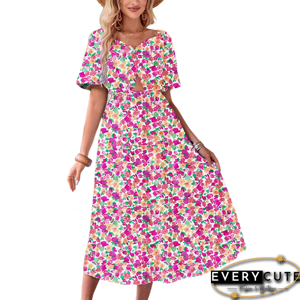 Pink Puff Sleeves Back Pleated Floral Dress