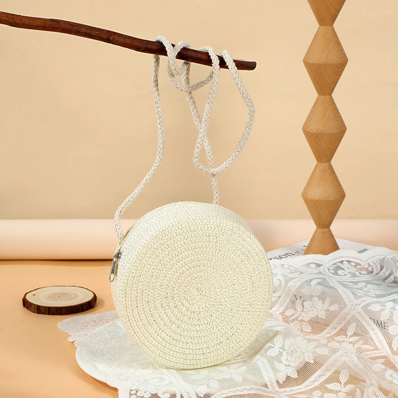 Girl’S Straw Solid Color Cute Round Zipper Shoulder Bag