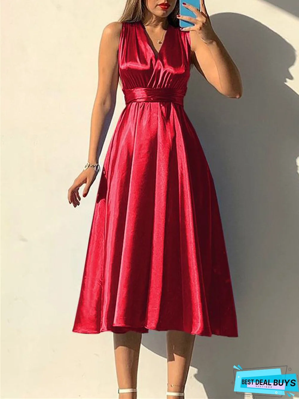 Solid Color Lace-Up V-Neck Sexy Backless Evening Dress