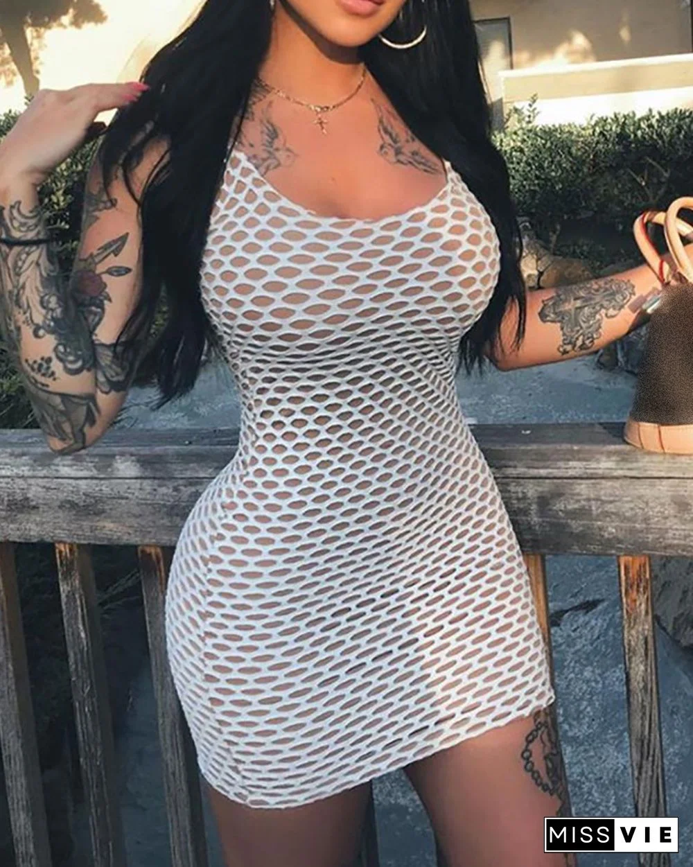 Spaghetti Strap Cutout Colorblock Bodycon Dress