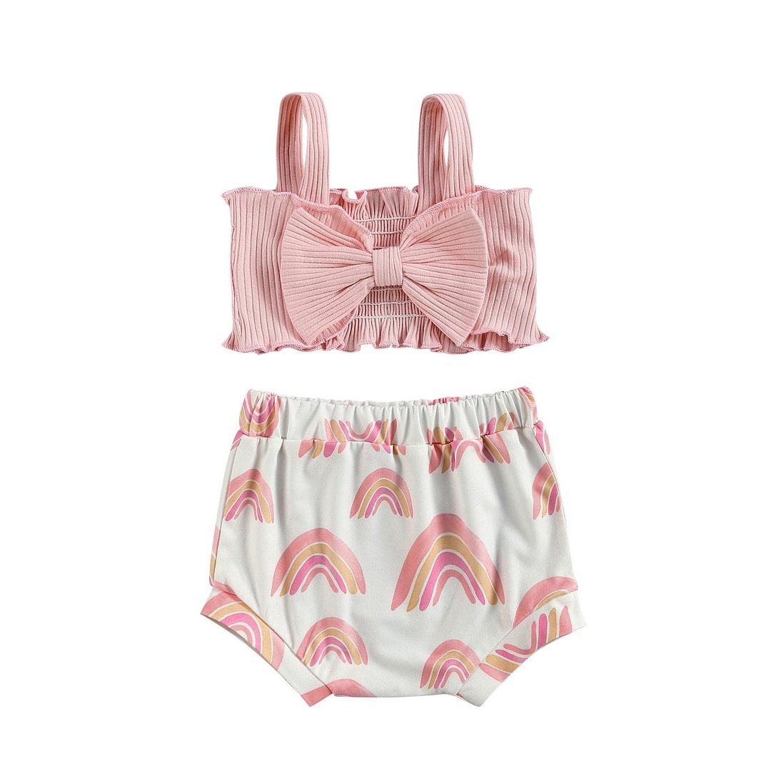 Baby Girl 2Pcs Summer Clothes Set, Solid Color Big Bow Decoration Short Ribbed Tank Tops with Rainbow Printed Triangle Shorts