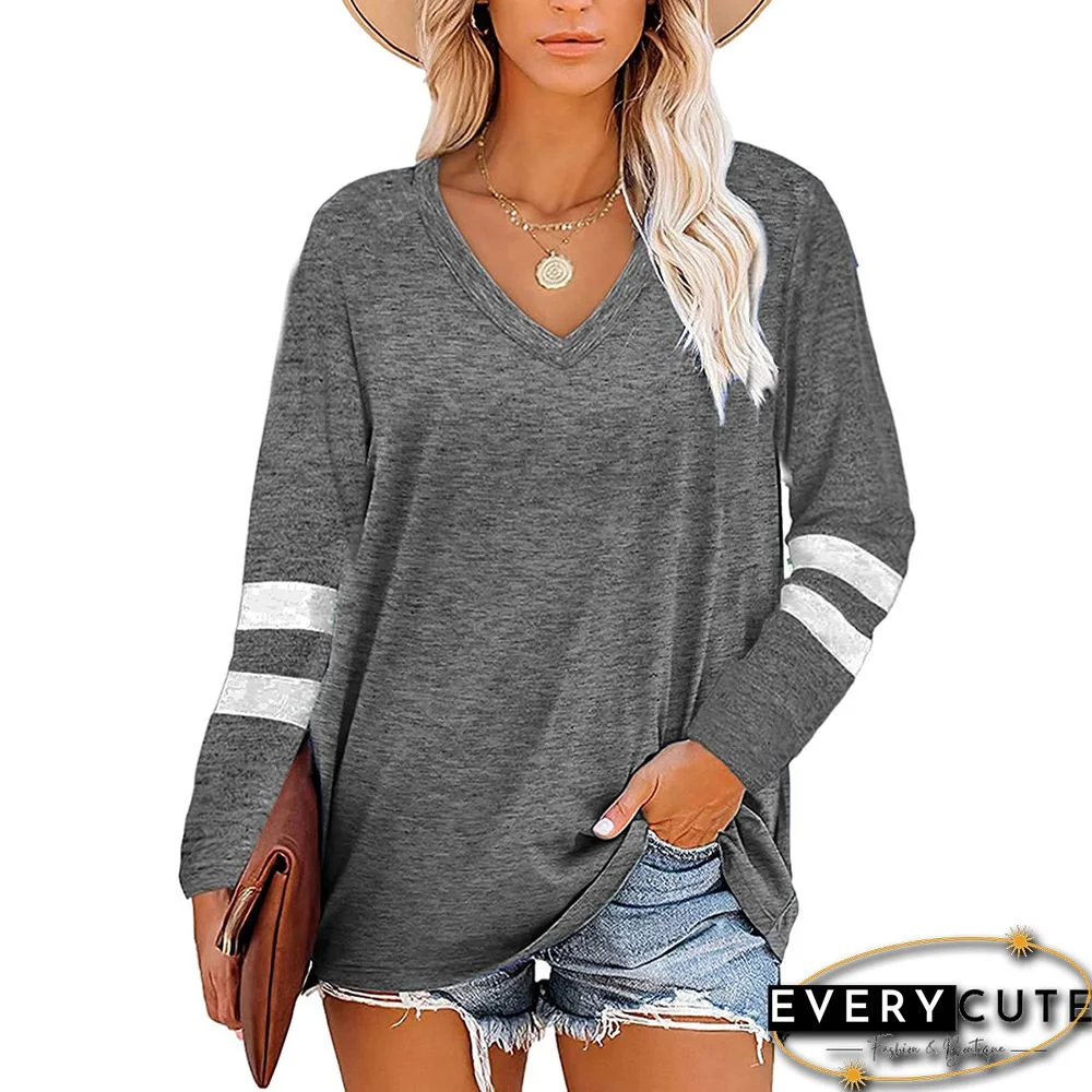 Gray Splice White Stripes V Neck Long Sleeve Tops