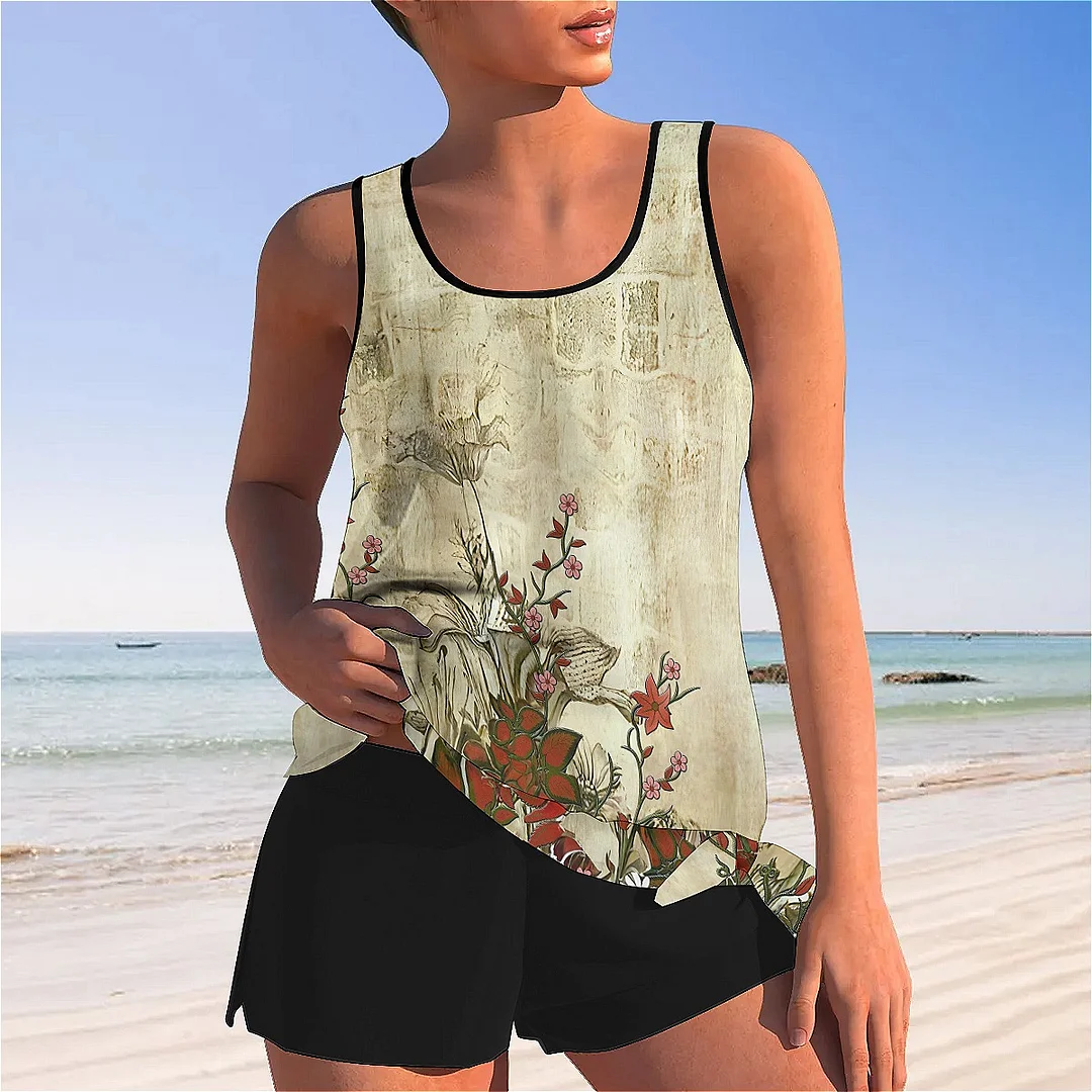Bowknot Floral,Red,Beige,Gray Mid Waisted Tankini Set - Plus Size Available