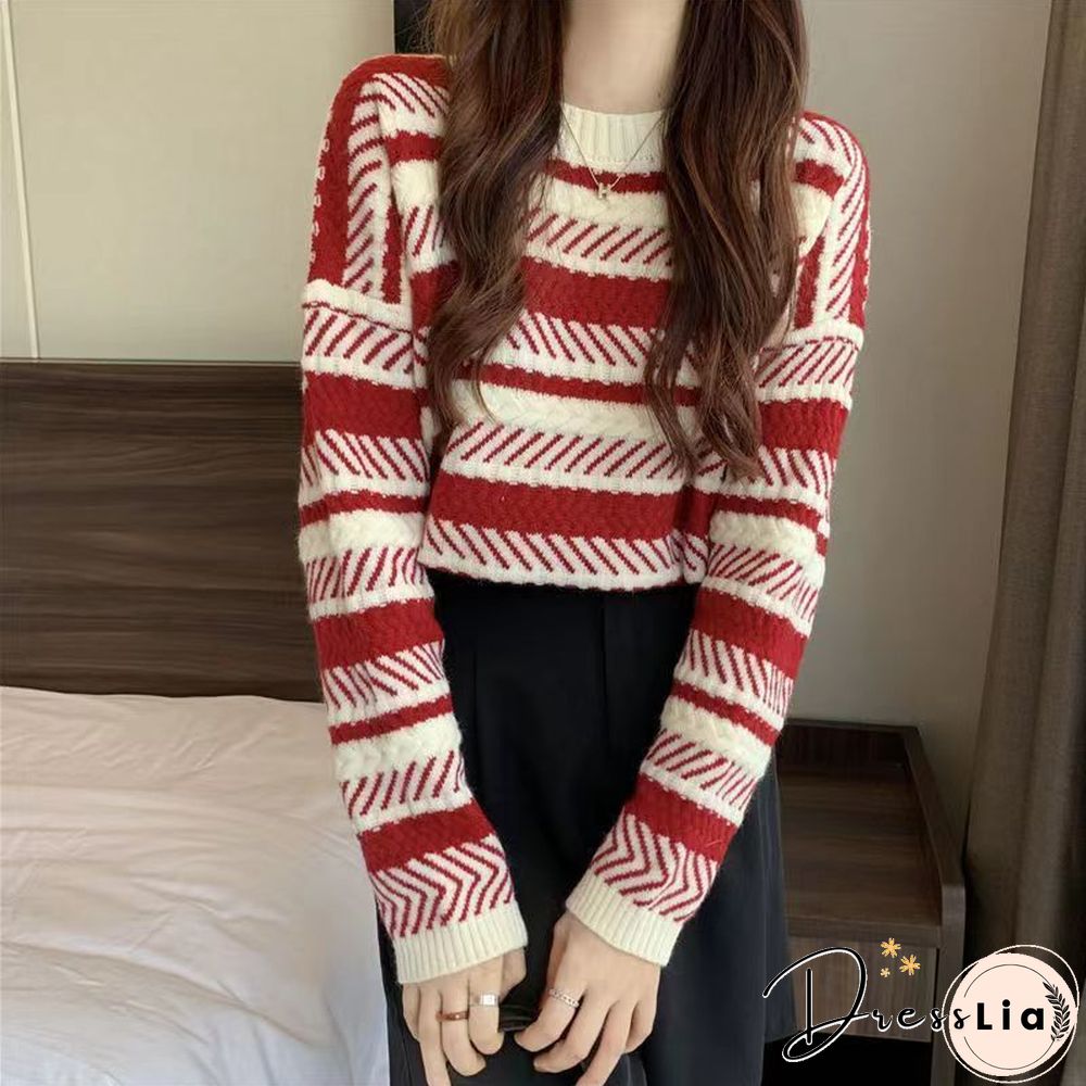 Korean Striped Sweet Knitted Sweaters Women Fashion Harajuku Autumn Winter Lazy Wind Y2k Pullovers Casual All-match Tops