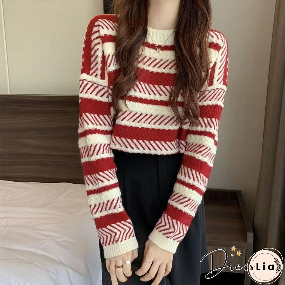 Korean Striped Sweet Knitted Sweaters Women Fashion Harajuku Autumn Winter Lazy Wind Y2k Pullovers Casual All-match Tops