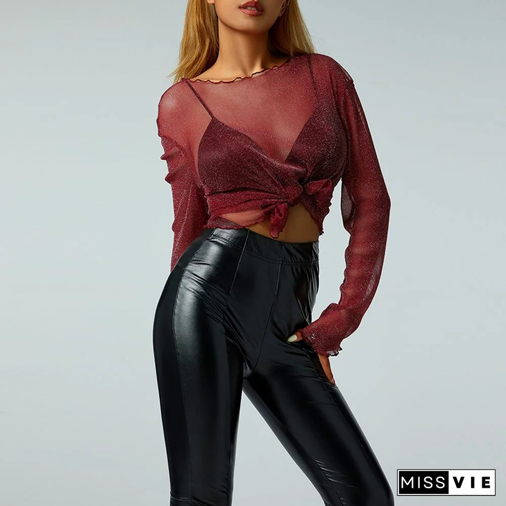 Women Sheer Mesh Glitter Sequin T Shirt/Bodysuit See Through Long Sleeve Turtleneck Sparkle Tee Blouse Tops Clubwear