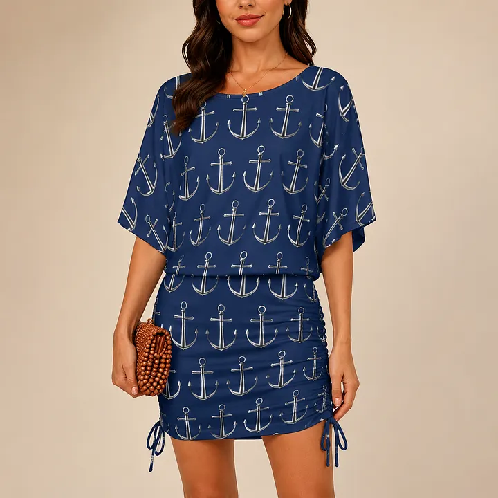 SFneewho® Naval Academy Navy Blue Anchor Aweigh A Nautical Ship Ruched Side Bodycon Dress Women Batwing Sleeve Slouchy Night Out Mini Dress