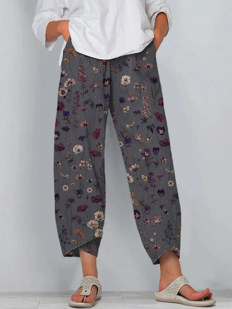 Women's Floral Art Print Cotton And Linen Casual Pants