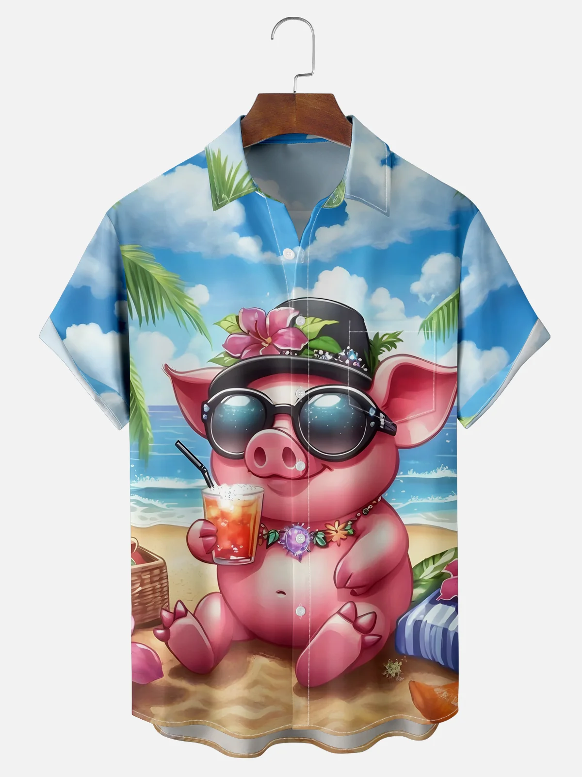 Moisture-wicking Piggy on Vacation Chest Pocket Hawaiian Shirt PLUSCLOTHESMAN